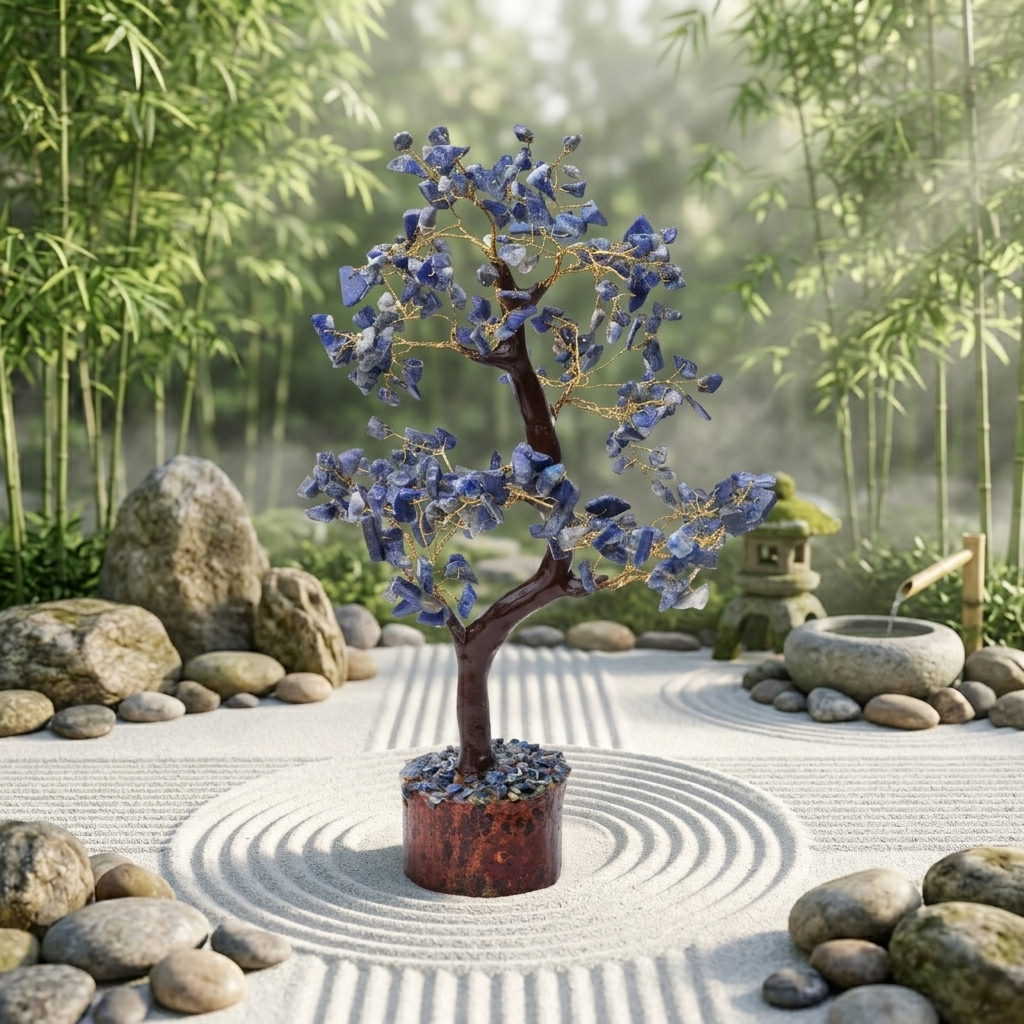 Handcrafted blue sodalite chip tree on wooden log base for meditation spaces

