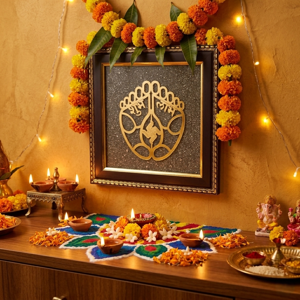 Shubh Labh Charan Paduka gold frame with sacred symbols--8