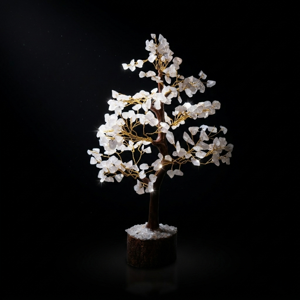 Large pink rose quartz gemstone tree on rustic log black studio product shot

