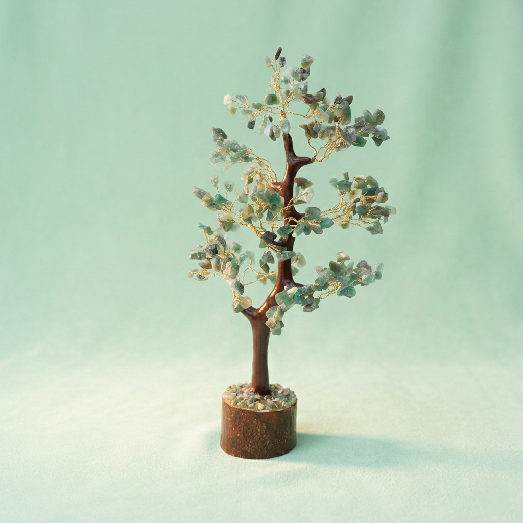 Green aventurine crystal chip tree with gold wire on rustic wooden log base
--9