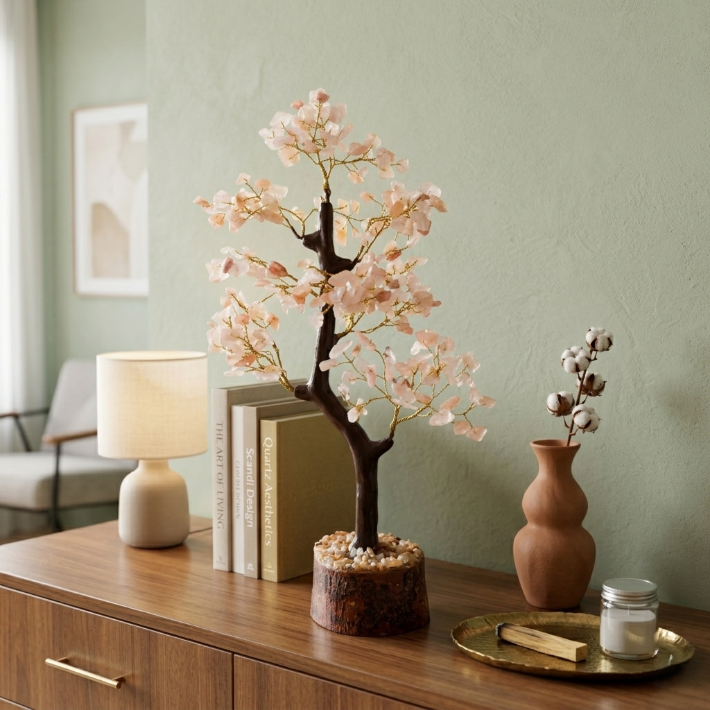 Pink and peach gemstone bonsai tree with gold wire branches on wood log
--10