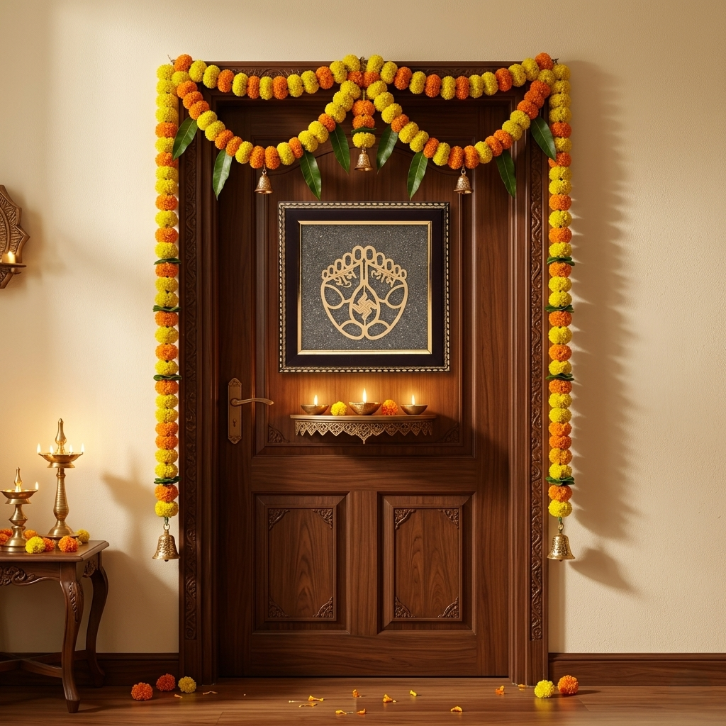 Shubh Labh Charan Paduka gold frame with sacred symbols