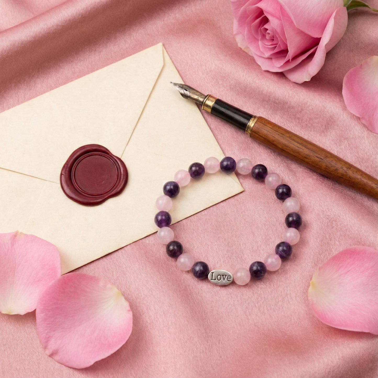 Natural Amethyst & Rose Quartz Love Charm Bracelet