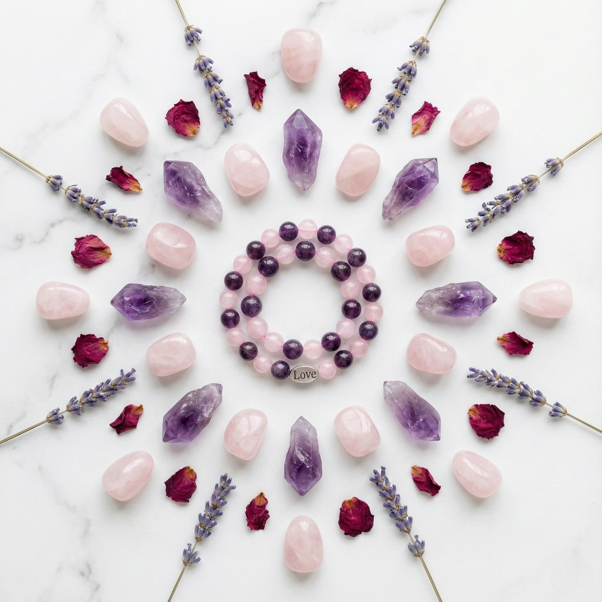 Natural Amethyst & Rose Quartz Love Charm Bracelet--4
