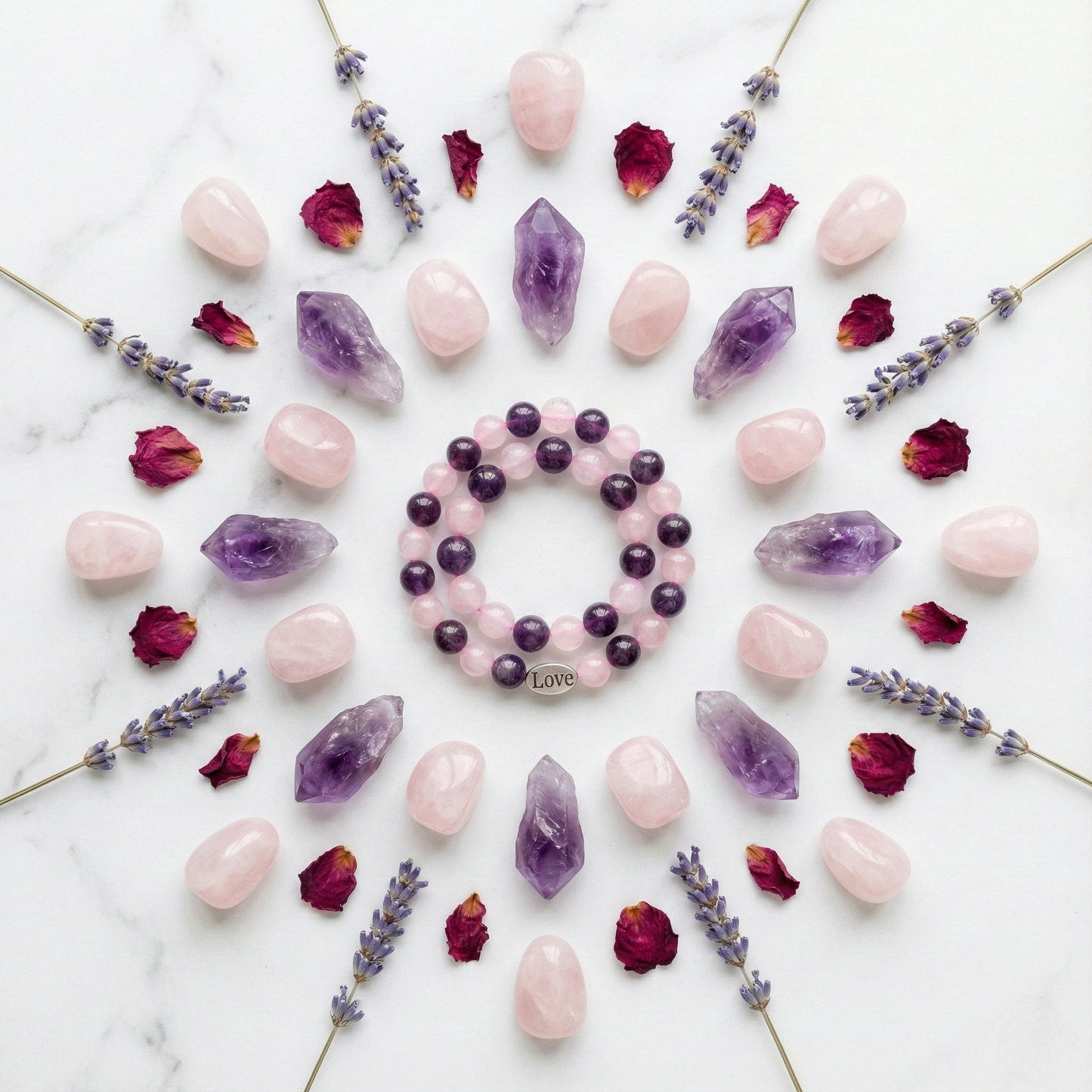 Natural Amethyst & Rose Quartz Love Charm Bracelet