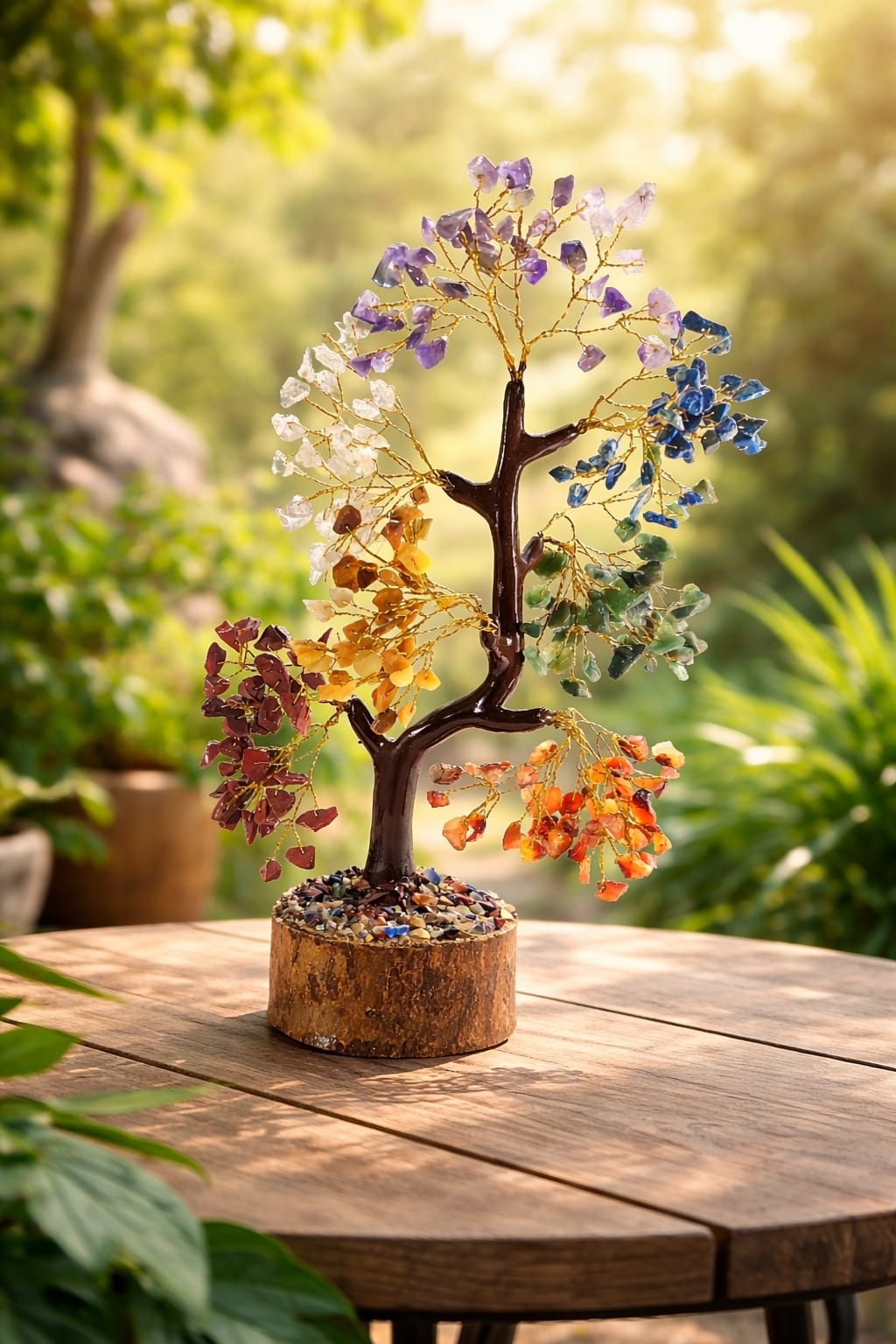 Artistic view of a 7 Chakra gemstone tree, showcasing the colorful stone canopy and wood-style base.