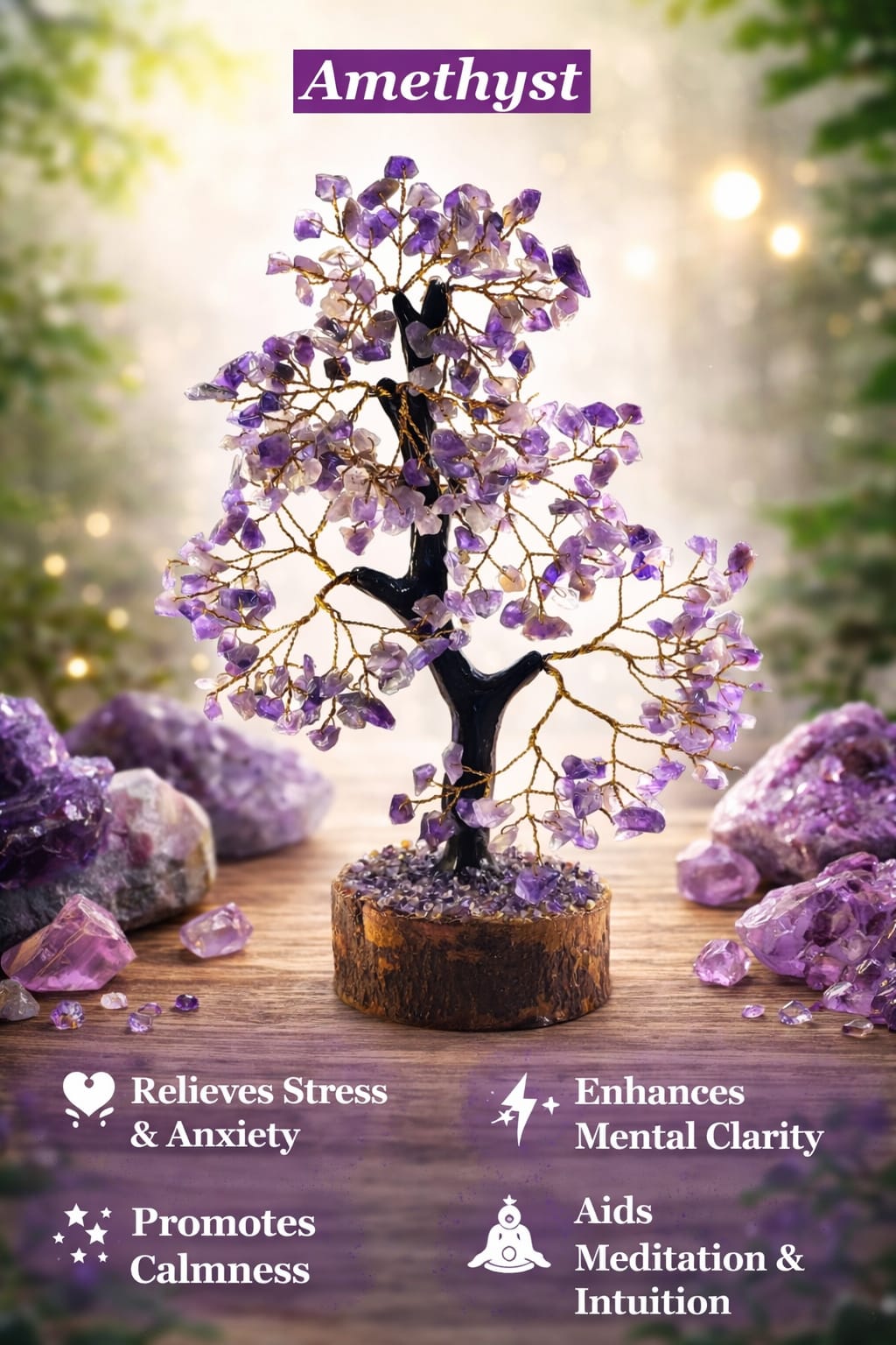 Amethyst crystal tree with purple candles and incense in spiritual meditation setup
