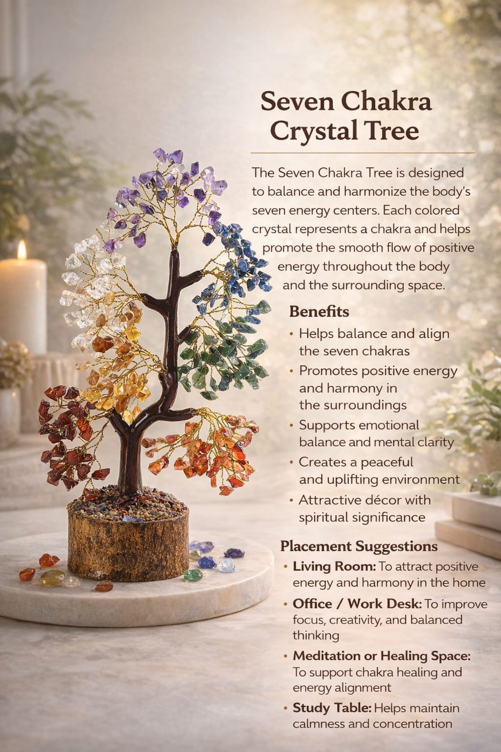 Close-up of the AstroViz 7 Chakra gemstone tree, highlighting vibrant multi-colored crystal leaves.