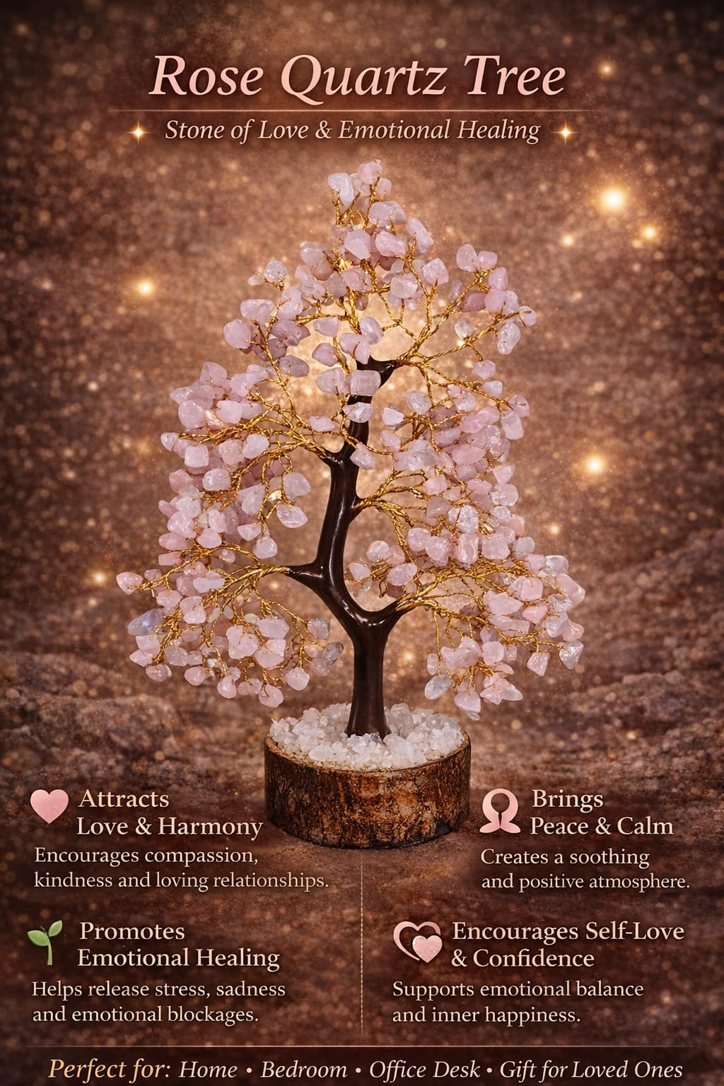 AstroViz Rose Quartz crystal wish tree for home decor, featuring natural pink gemstone leaves and a wooden base.--6