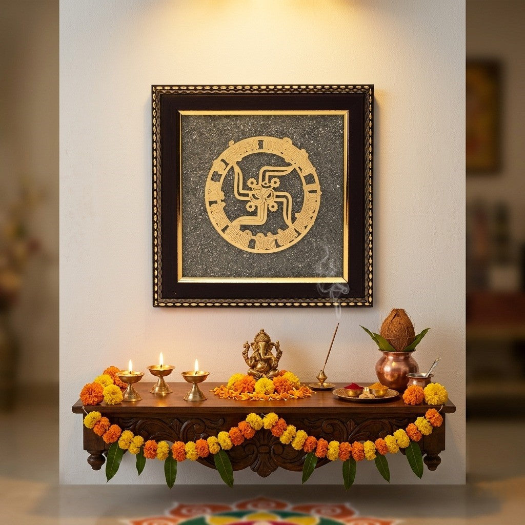 Premium wooden frame with swastik om mantra