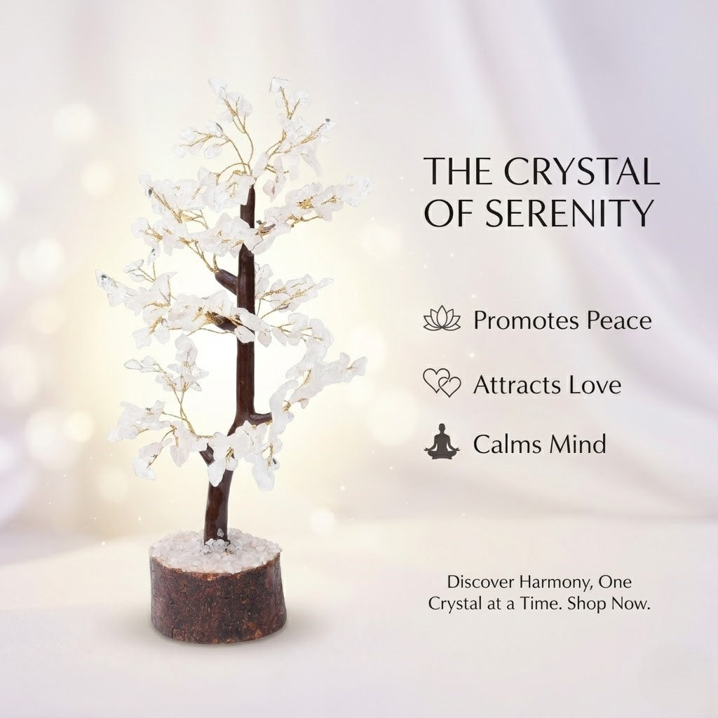 White moonstone gemstone tree on rustic wood log elegant home and altar decor

